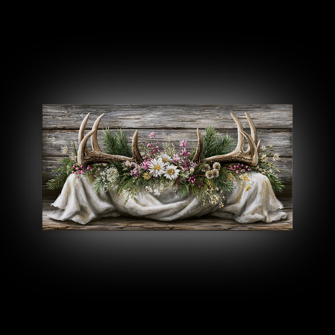 Deer Antlers with Pine Branches and Berries Canvas Print, Rustic Art, Painting, Farmhouse Decor, Oil Painting, Rustic, RUS-2x1-70