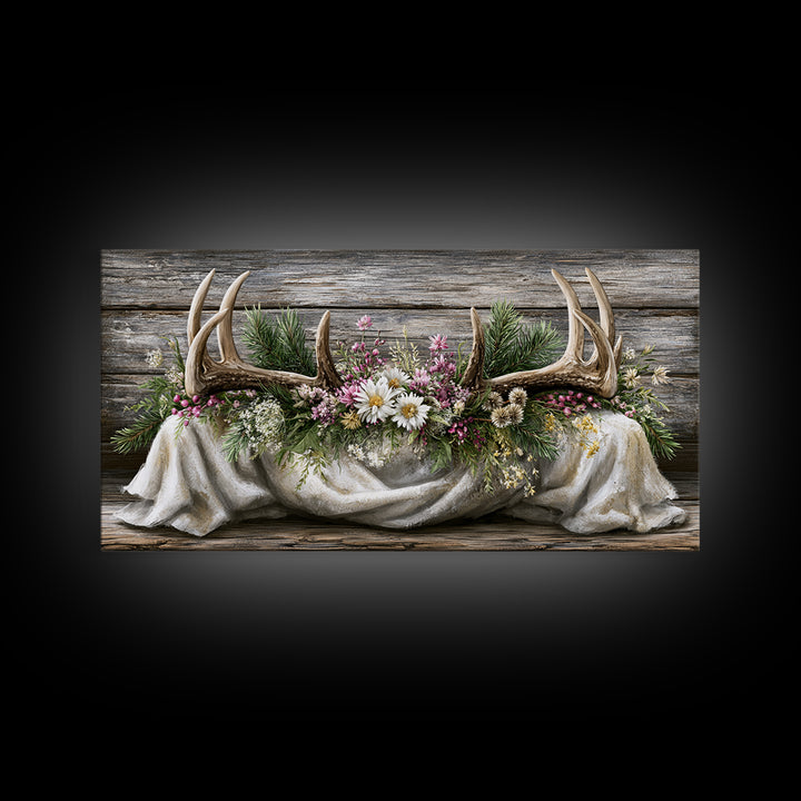 Deer Antlers with Pine Branches and Berries Canvas Print, Rustic Art, Painting, Farmhouse Decor, Oil Painting, Rustic, RUS-2x1-70
