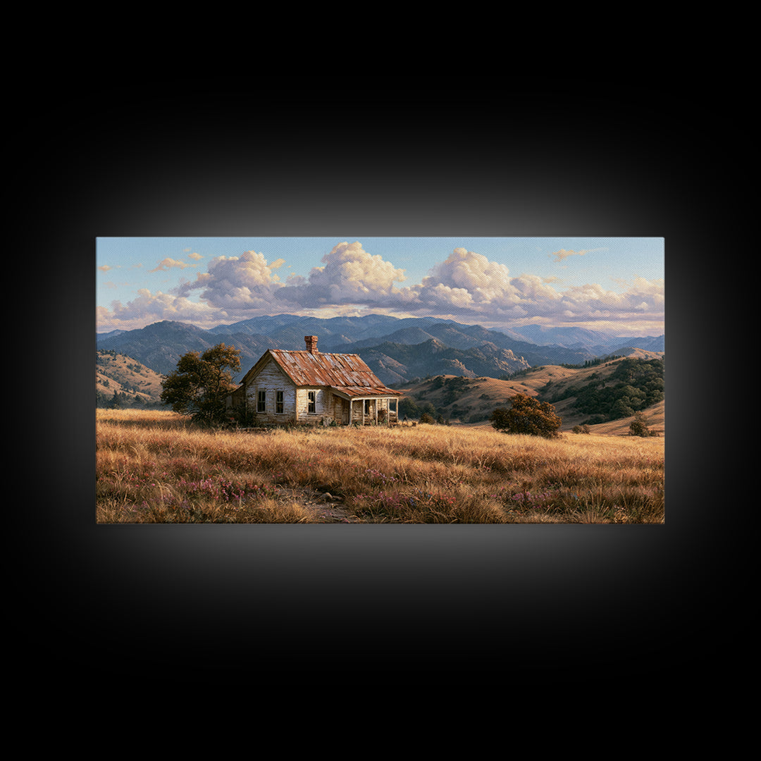 Mountain Cabin Landscape Canvas Print, Rustic Art, Farmhouse Wall Art, Farmhouse Decor, Fine Art, Rustic, Statement Artwork, RUS-2x1-71