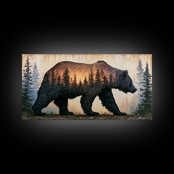 Bear Silhouette Among Pine Trees Framed Canvas Print, Rustic Art, Statement Artwork, Farmhouse Decor, Fine Art, Rustic, RUS-2x1-75