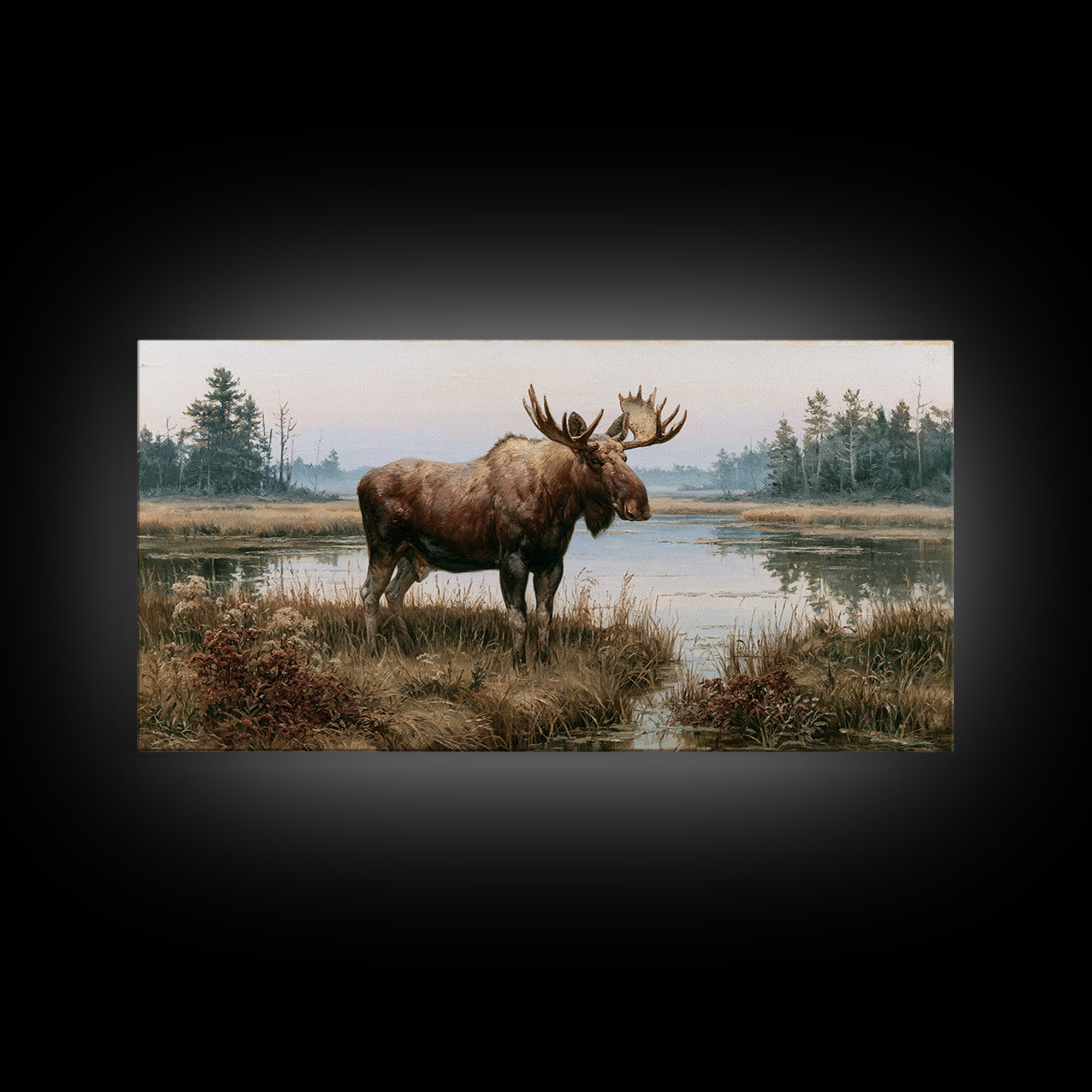 Moose Standing by a Quiet Lake Canvas Print, Rustic Art, Oil Painting, Farmhouse Decor, Fine Art, Rustic, Modern Art, RUS-2x1-77