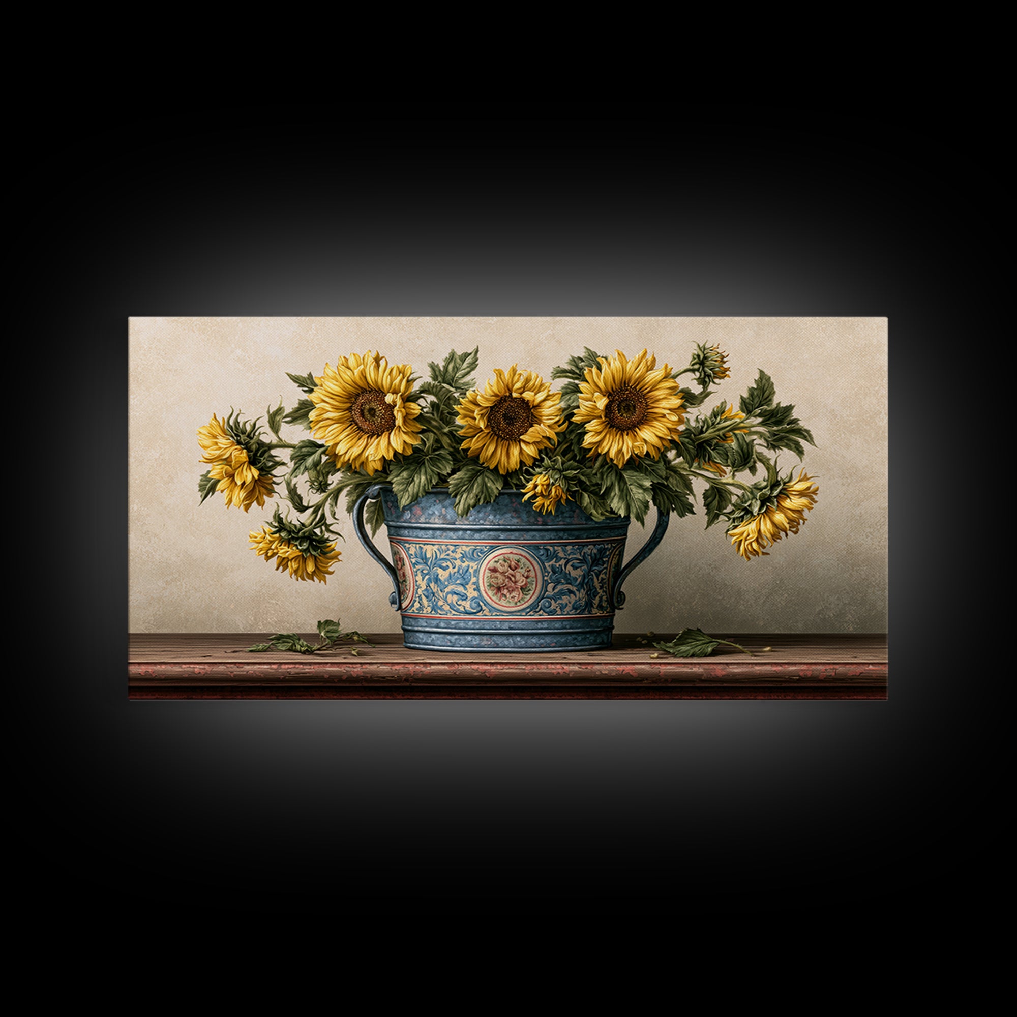 Sunflowers in a Metal Bucket Framed Canvas Print, Rustic Art, 3d Wall Art, Farmhouse Decor, Oil Painting, Rustic, RUS-2x1-80