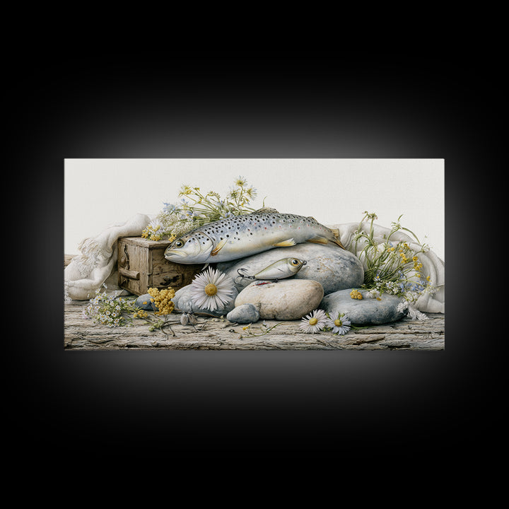 Trout Fishing Lure and River Stones Canvas Print, Rustic Art, Wall Art, Farmhouse Decor, Fine Art, Rustic, Living Room Decor, RUS-2x1-82