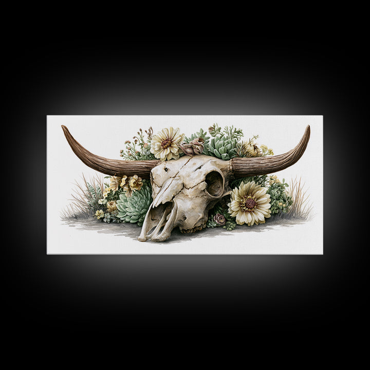 Cow Skull with Desert Flowers Framed Canvas Print, Rustic Art, Wood Wall Art, Farmhouse Decor, Rustic, Eclectic Wall Art, RUS-2x1-85