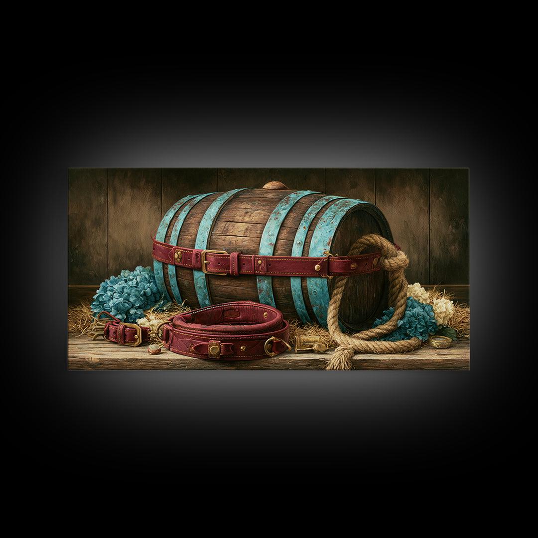 Whiskey Barrel and Leather Still Life Framed Canvas Print, Rustic Art, Landscape Painting, Farmhouse Decor, Fine Art, Rustic, RUS-2x1-87