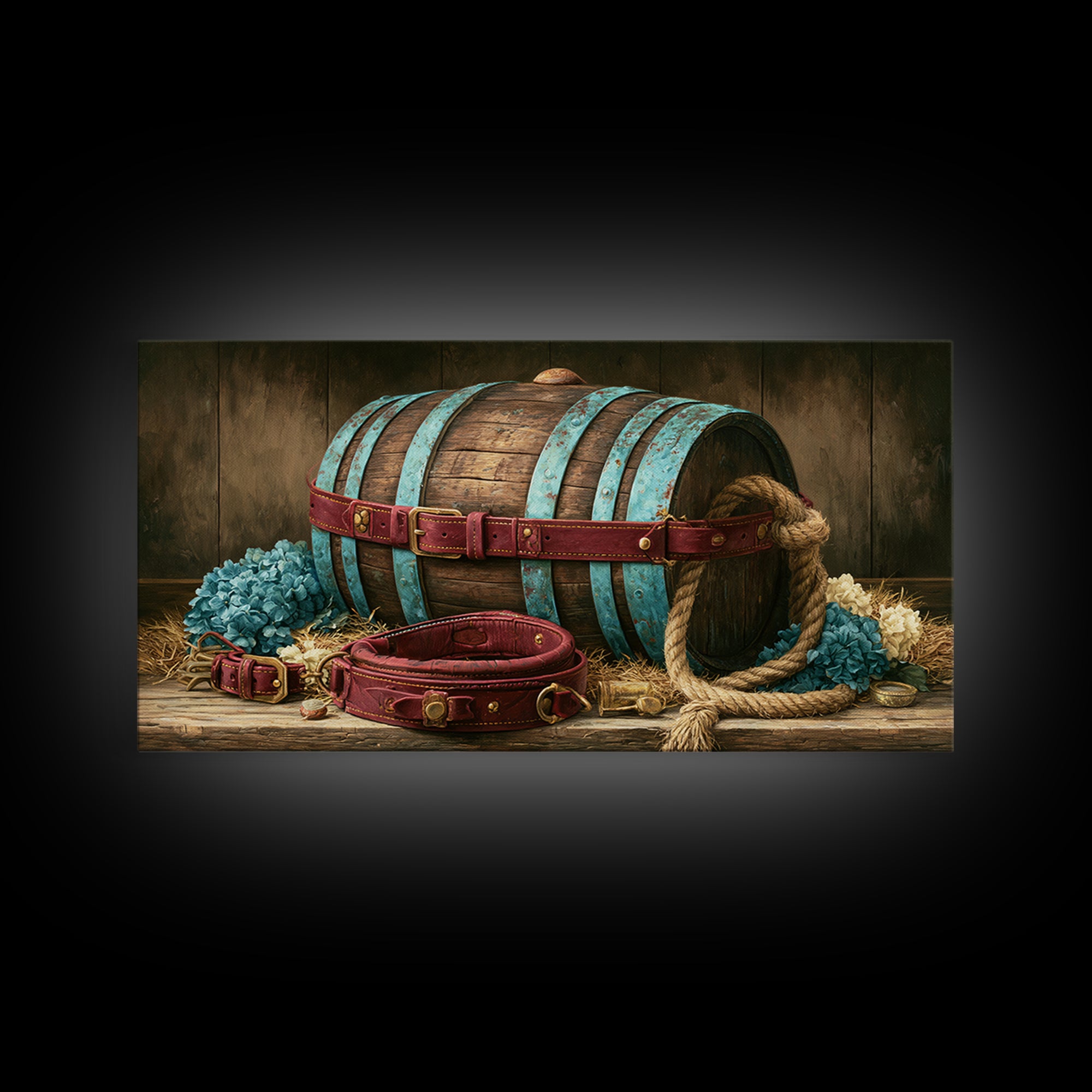 Whiskey Barrel and Leather Still Life Framed Canvas Print, Rustic Art, Landscape Painting, Farmhouse Decor, Fine Art, Rustic, RUS-2x1-87