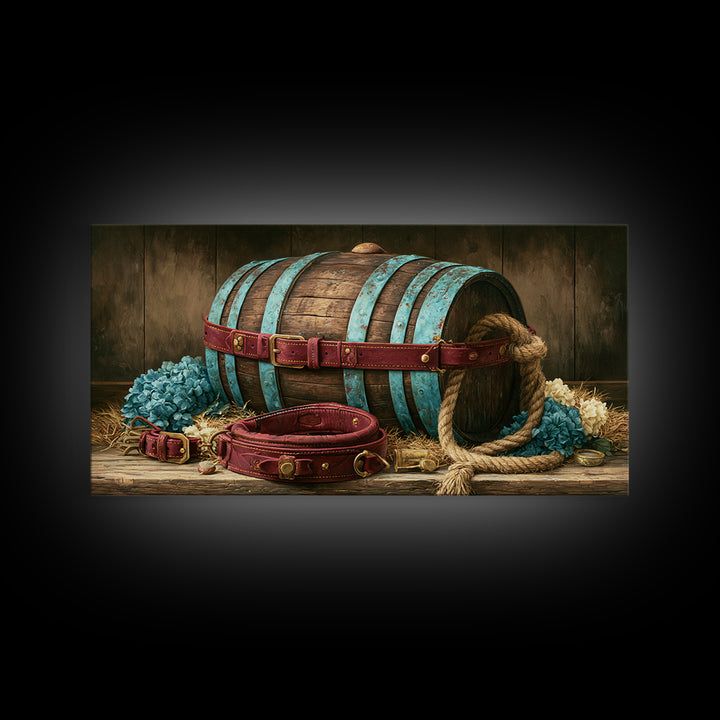 Whiskey Barrel and Leather Still Life Framed Canvas Print, Rustic Art, Landscape Painting, Farmhouse Decor, Fine Art, Rustic, RUS-2x1-87