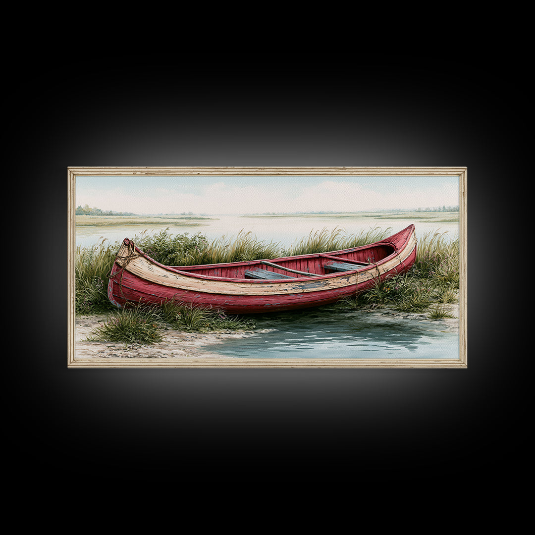 Old Canoe Pulled Onto a Lake Shore Framed Canvas Print, Rustic Art, Farmhouse Decor, Fine Art, Rustic, Gallery Wall Art, RUS-2x1-88