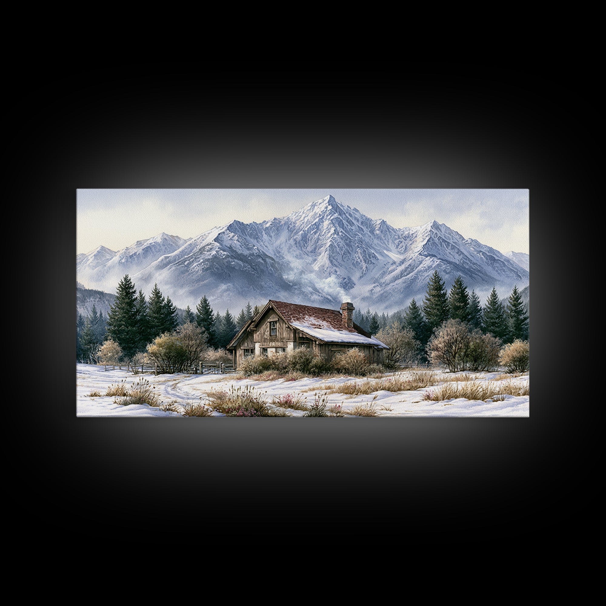 Winter Mountain Scene Framed Canvas Print, Rustic Art, Printable Wall Art, Farmhouse Decor, Watercolor Art, Rustic, Wood Art, RUS-2x1-91