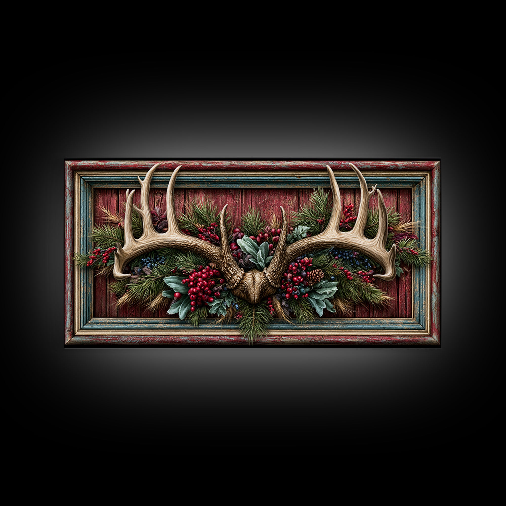 Deer Antlers with Pine Branches and Berries Canvas Print, Rustic Art, Painting, Farmhouse Decor, Oil Painting, Rustic, RUS-2x1-94