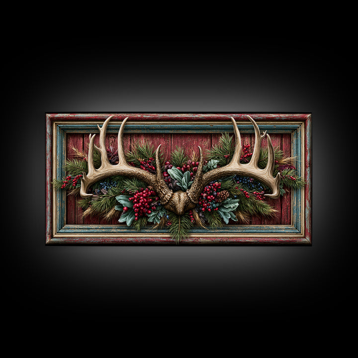 Deer Antlers with Pine Branches and Berries Canvas Print, Rustic Art, Painting, Farmhouse Decor, Oil Painting, Rustic, RUS-2x1-94