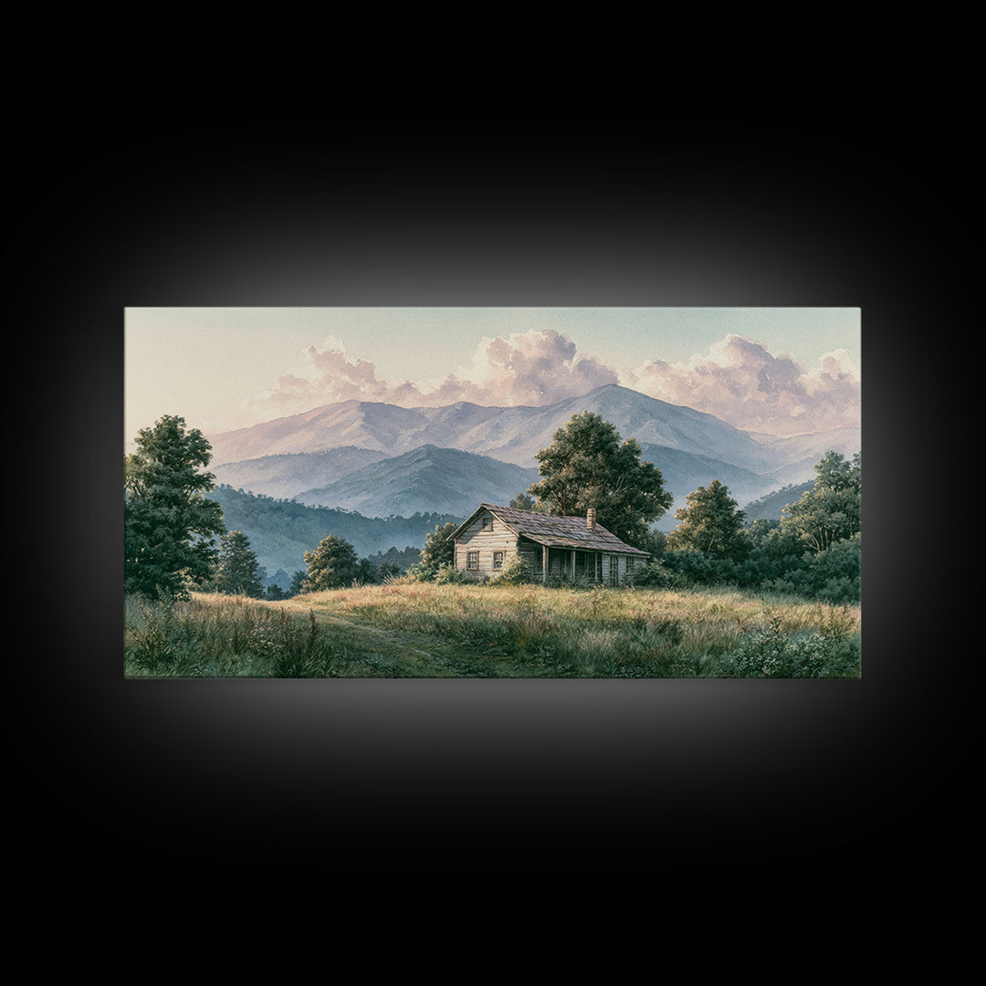 Mountain Cabin Landscape Framed Canvas Print, Rustic Art, Living Room Art, Farmhouse Decor, Oil Painting, Rustic, RUS-2x1-95