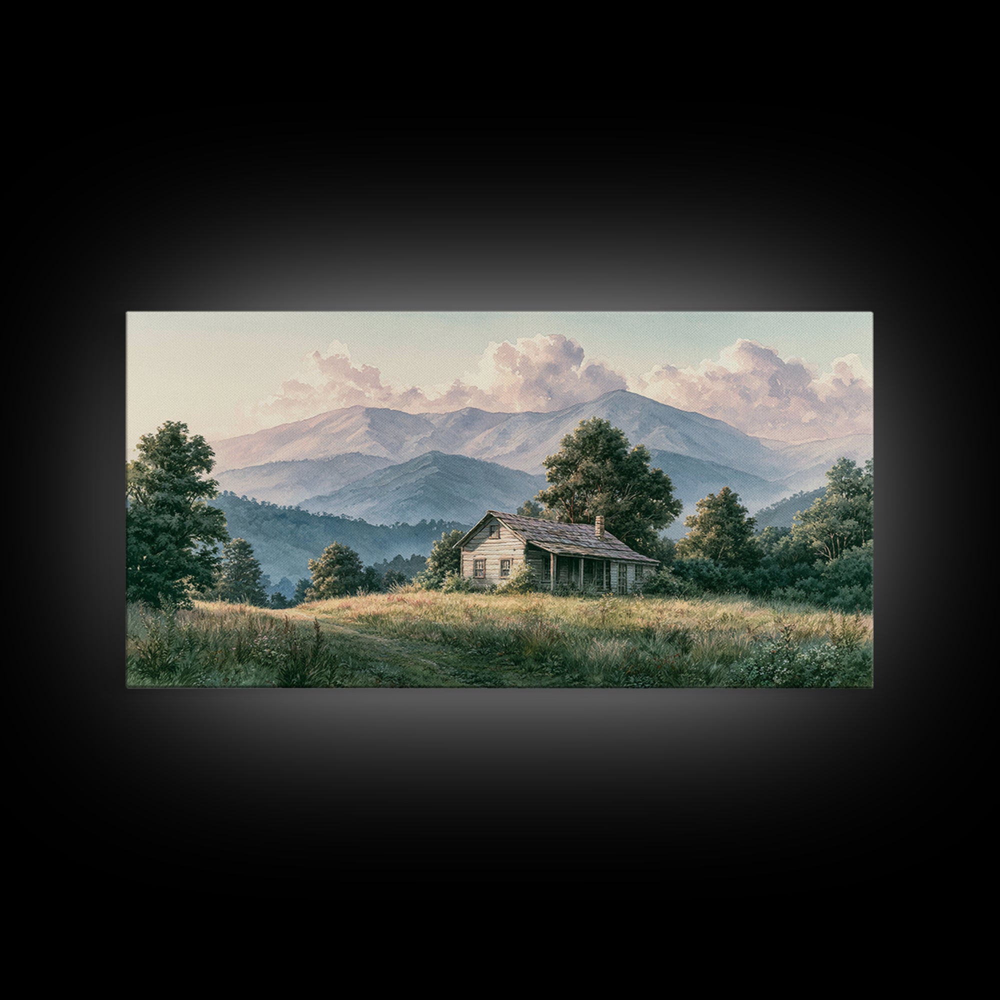 Mountain Cabin Landscape Framed Canvas Print, Rustic Art, Living Room Art, Farmhouse Decor, Oil Painting, Rustic, RUS-2x1-95