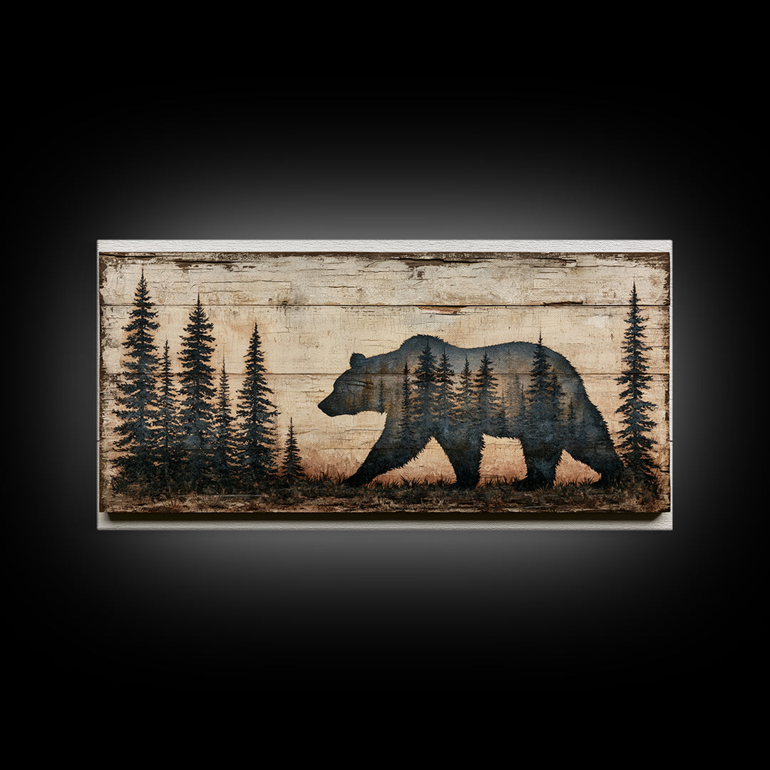 Bear Silhouette Among Pine Trees Framed Canvas Print, Rustic Art, Abstract Wall Art, Farmhouse Decor, Fine Art, Rustic, RUS-2x1-99