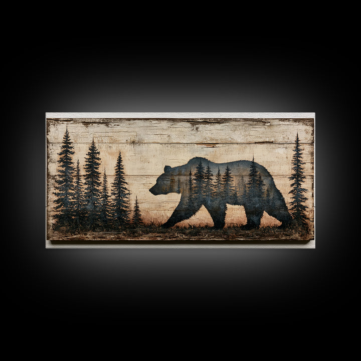 Bear Silhouette Among Pine Trees Framed Canvas Print, Rustic Art, Abstract Wall Art, Farmhouse Decor, Fine Art, Rustic, RUS-2x1-99
