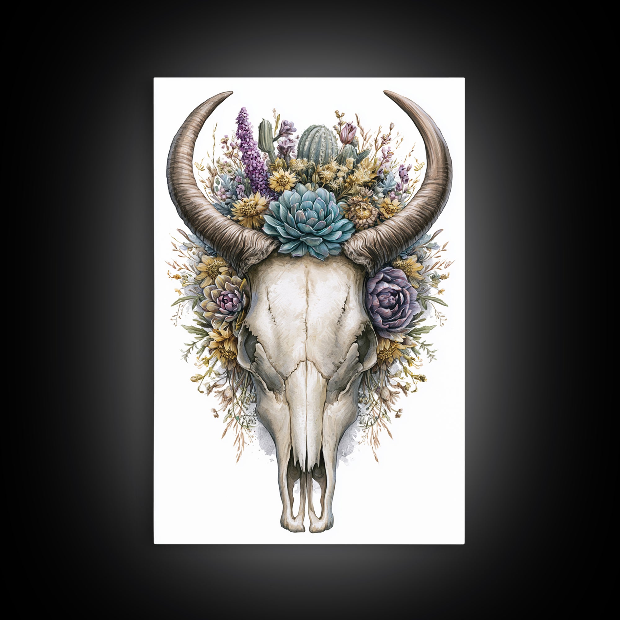 Cow Skull with Desert Flowers Framed Canvas Print, Rustic Art, Wall Art, Farmhouse Decor, Oil Painting, Rustic, RUS-2x3-1