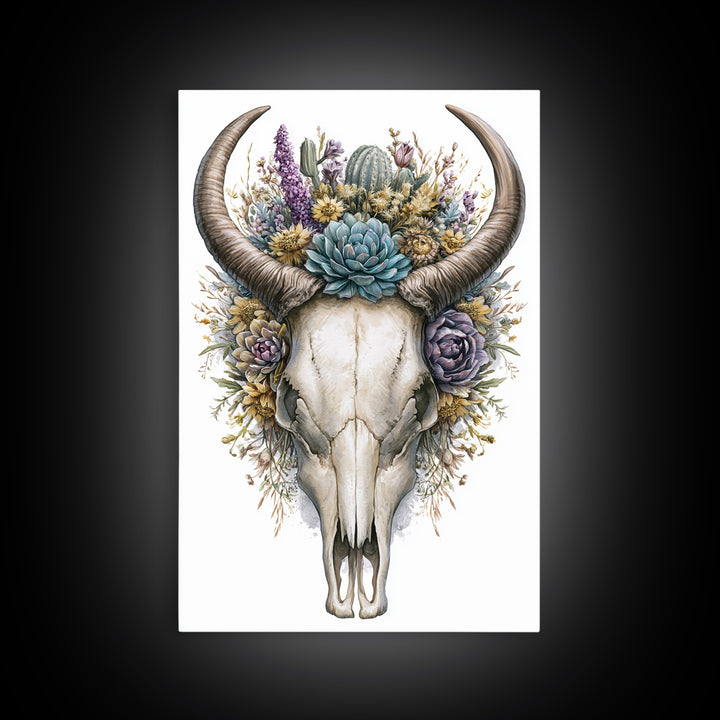 Cow Skull with Desert Flowers Framed Canvas Print, Rustic Art, Wall Art, Farmhouse Decor, Oil Painting, Rustic, RUS-2x3-1