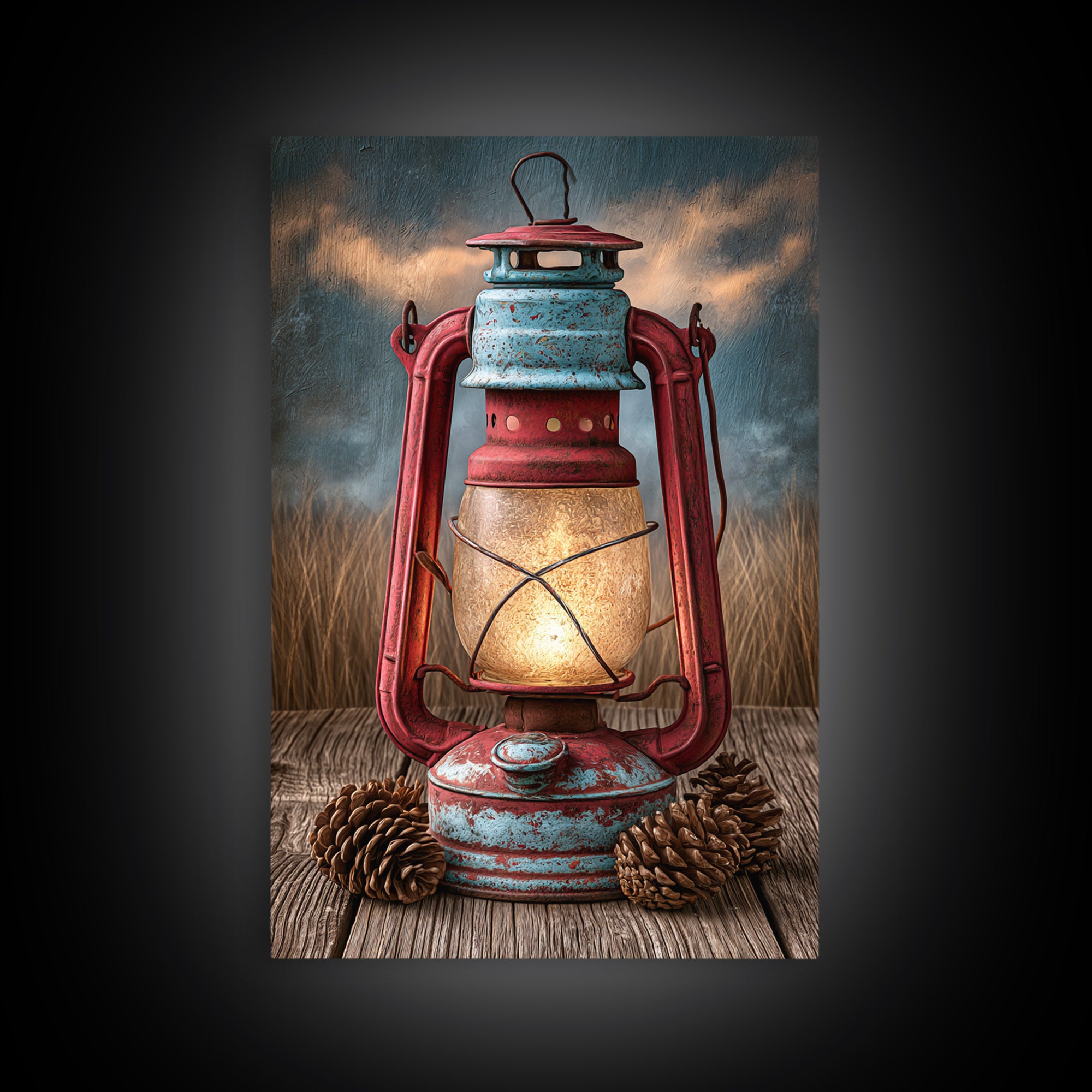 Rustic Lantern Glowing Beside Pinecones Framed Canvas Print, Rustic Art, Minimalist Decor, Farmhouse Decor, Oil Painting, RUS-2x3-12