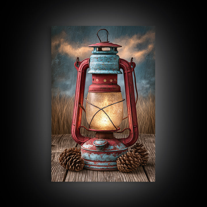 Rustic Lantern Glowing Beside Pinecones Framed Canvas Print, Rustic Art, Minimalist Decor, Farmhouse Decor, Oil Painting, RUS-2x3-12