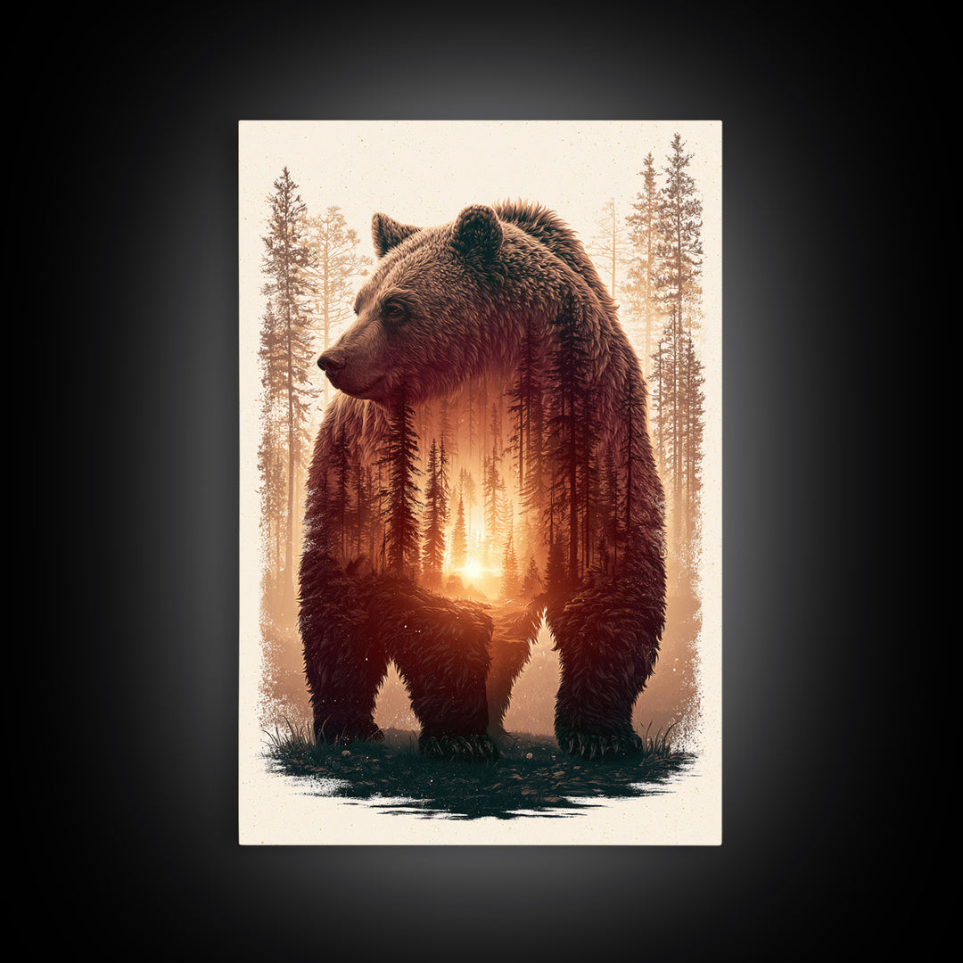Bear Silhouette Among Pine Trees Canvas Print, Rustic Art, Gallery Decor, Farmhouse Decor, Fine Art, Rustic, Contemporary Art, RUS-2x3-15