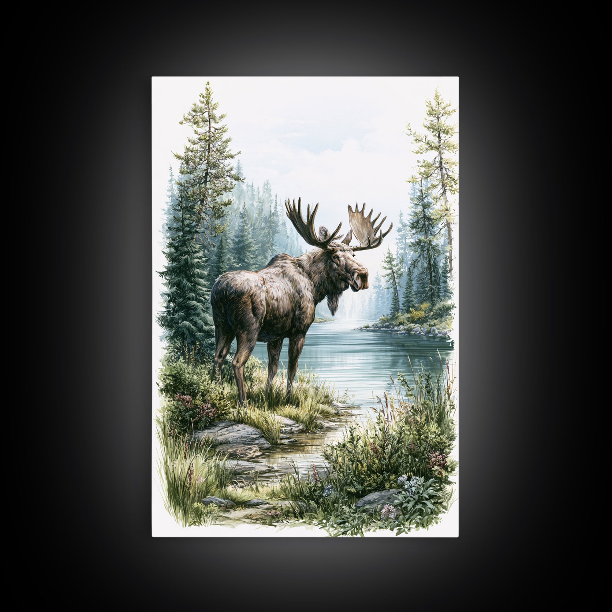 Moose Standing by a Quiet Lake Framed Canvas Print, Rustic Art, Digital Prints, Farmhouse Decor, Fine Art, Rustic, 3d Wall Art, RUS-2x3-17