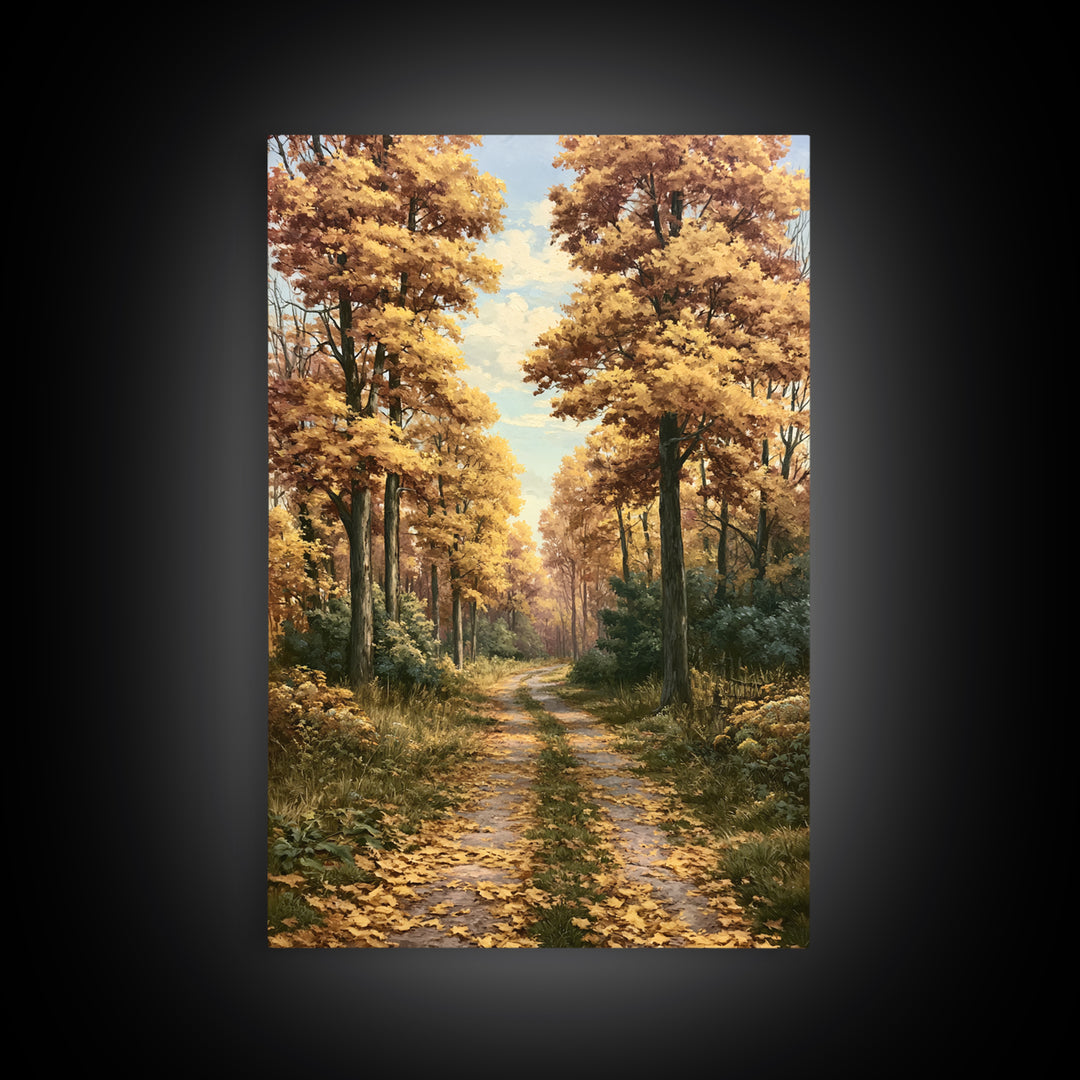 Forest Path with Golden Autumn Leaves Framed Canvas Print, Rustic Art, Statement Artwork, Farmhouse Decor, Fine Art, Rustic, RUS-2x3-2