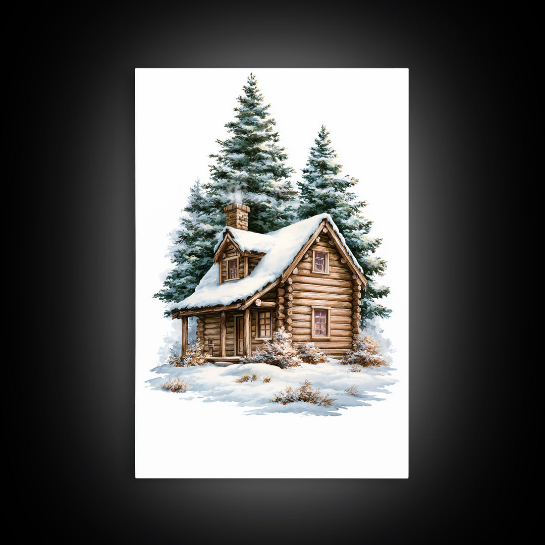 Log Cabin with Snowy Pines Canvas Print, Rustic Art, Luxury Decor, Farmhouse Decor, Fine Art, Rustic, Printable Wall Art, RUS-2x3-23