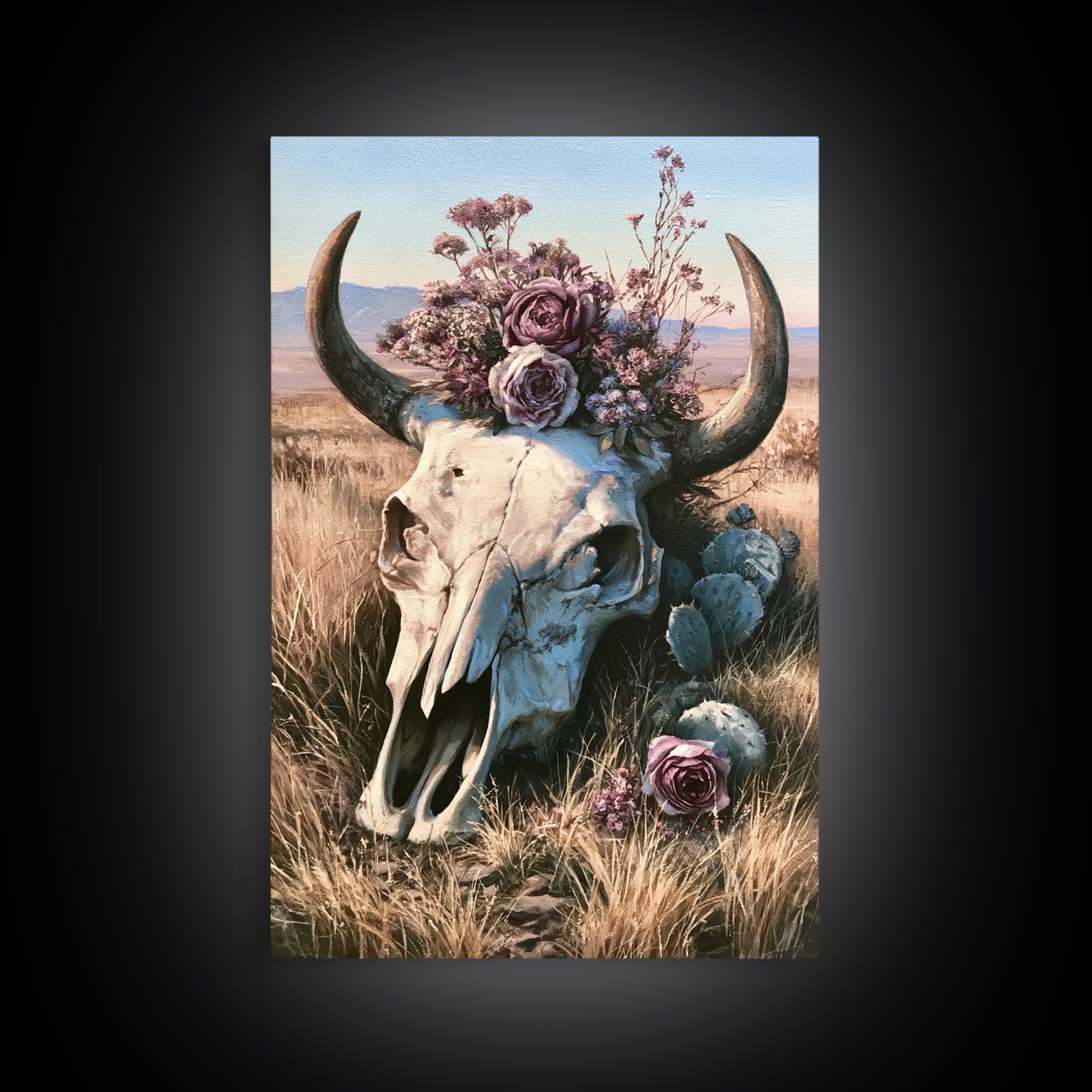 Cow Skull with Desert Flowers Framed Canvas Print, Rustic Art, Wall Art, Farmhouse Decor, Oil Painting, Rustic, RUS-2x3-25