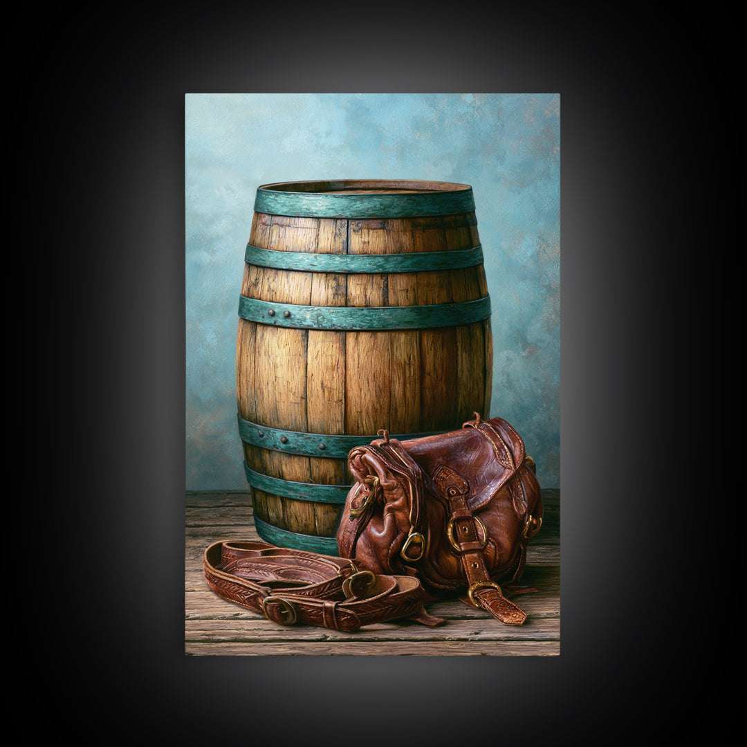 Whiskey Barrel and Leather Still Life Framed Canvas Print, Rustic Art, Downloadable Art, Farmhouse Decor, Fine Art, Rustic, RUS-2x3-3