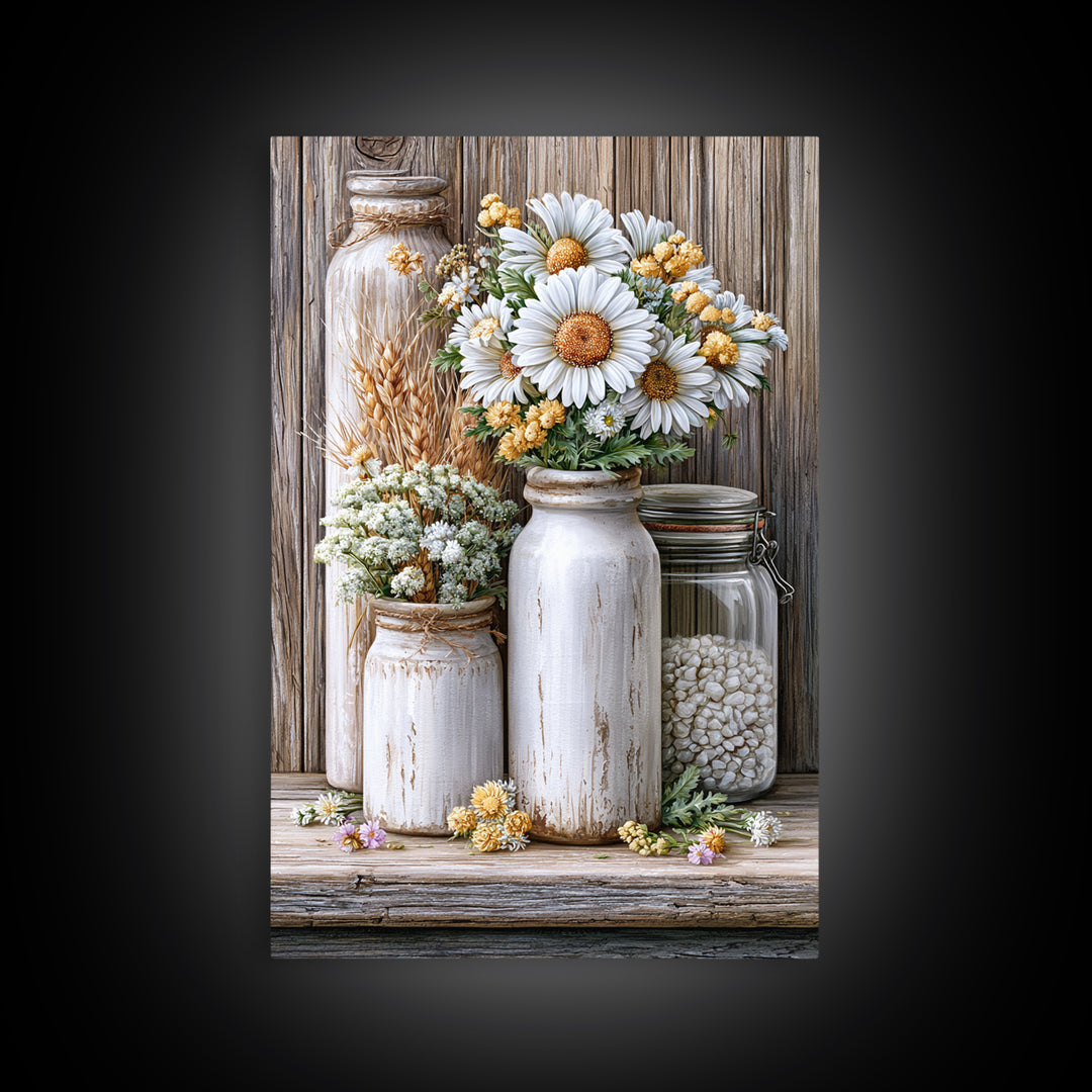 Weathered Barn Wood and Wildflower Still Life Framed Canvas Print, Rustic Art, Oil Painting, Farmhouse Decor, Fine Art, Rustic, RUS-2x3-33