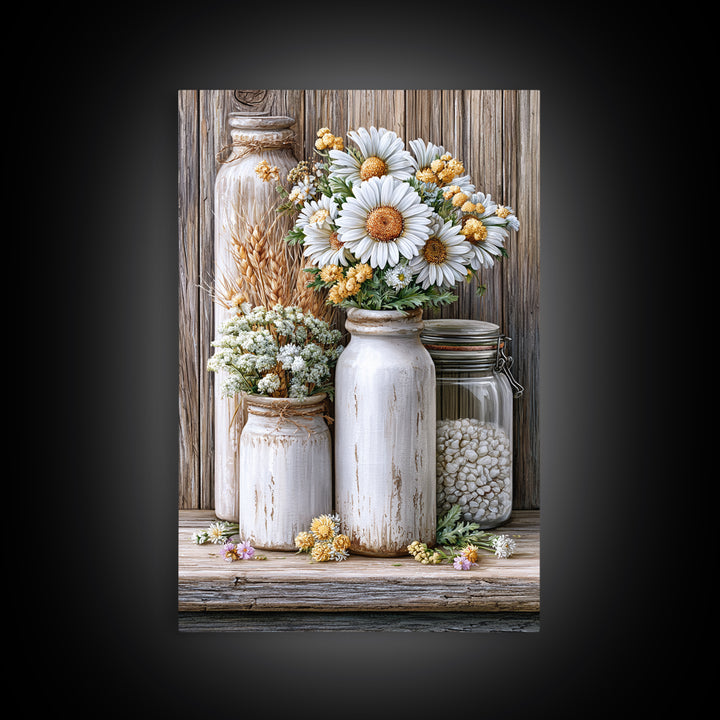 Weathered Barn Wood and Wildflower Still Life Framed Canvas Print, Rustic Art, Oil Painting, Farmhouse Decor, Fine Art, Rustic, RUS-2x3-33