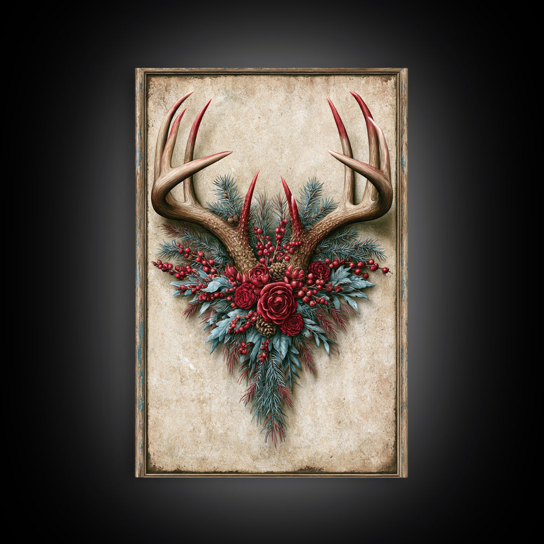 Deer Antlers with Pine Branches and Berries Framed Canvas Print, Rustic Art, Farmhouse Decor, Watercolor Art, Rustic, RUS-2x3-34