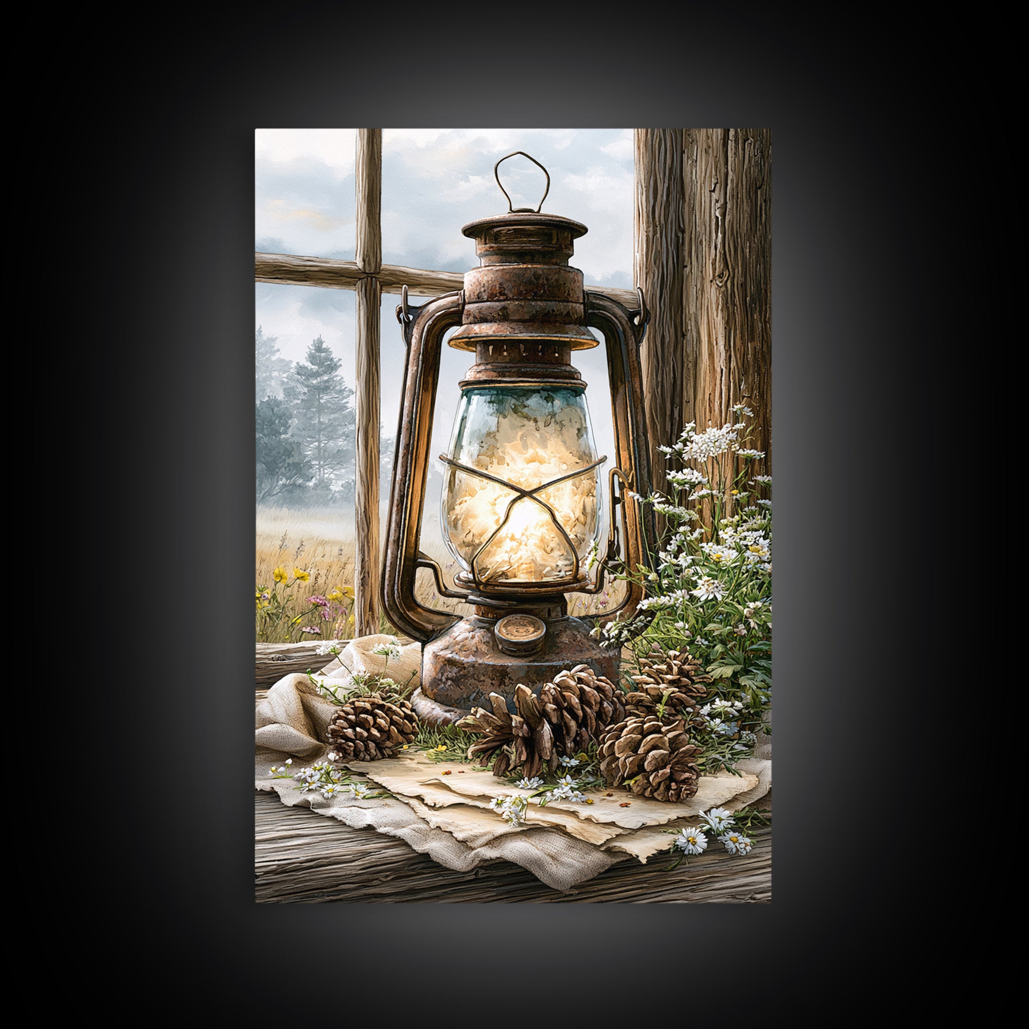 Rustic Lantern Glowing Beside Pinecones Framed Canvas Print, Rustic Art, Landscape Painting, Farmhouse Decor, Watercolor Art, RUS-2x3-36