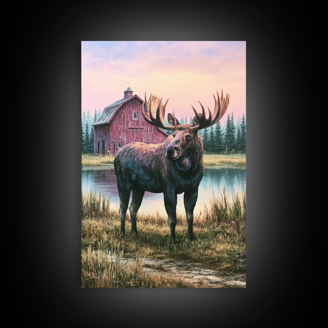 Moose Standing by a Quiet Lake Framed Canvas Print, Rustic Art, Digital Prints, Farmhouse Decor, Fine Art, Rustic, 3d Wall Art, RUS-2x3-41