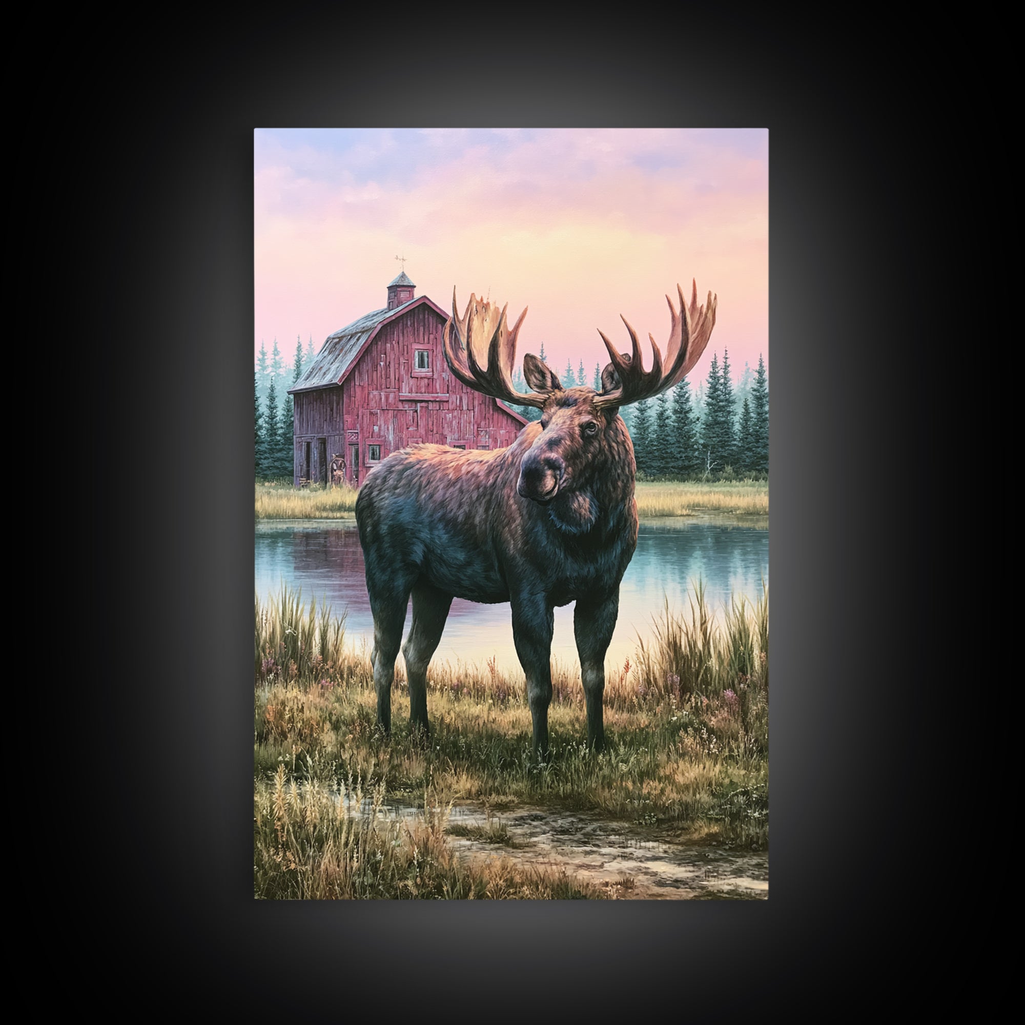 Moose Standing by a Quiet Lake Framed Canvas Print, Rustic Art, Digital Prints, Farmhouse Decor, Fine Art, Rustic, 3d Wall Art, RUS-2x3-41