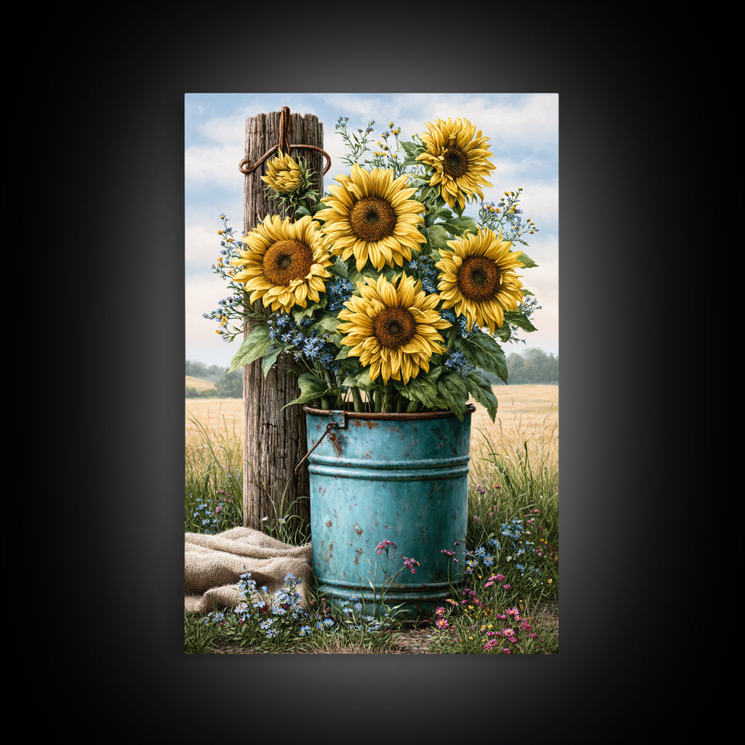 Sunflowers in a Metal Bucket Framed Canvas Print, Rustic Art, Living Room Art, Farmhouse Decor, Watercolor Art, Rustic, RUS-2x3-44