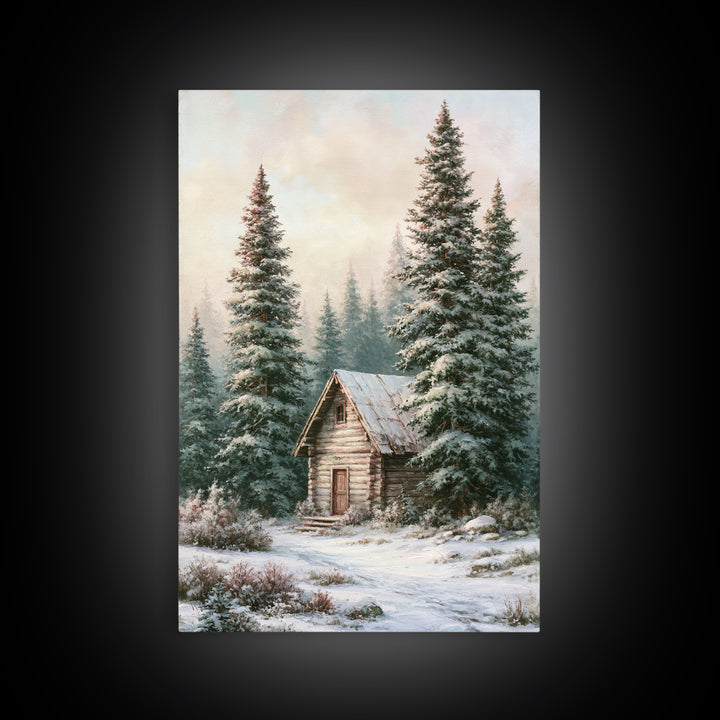 Log Cabin with Snowy Pines Framed Canvas Print, Rustic Art, Wall Art, Farmhouse Decor, Abstract Art, Rustic, Living Room Decor, RUS-2x3-47