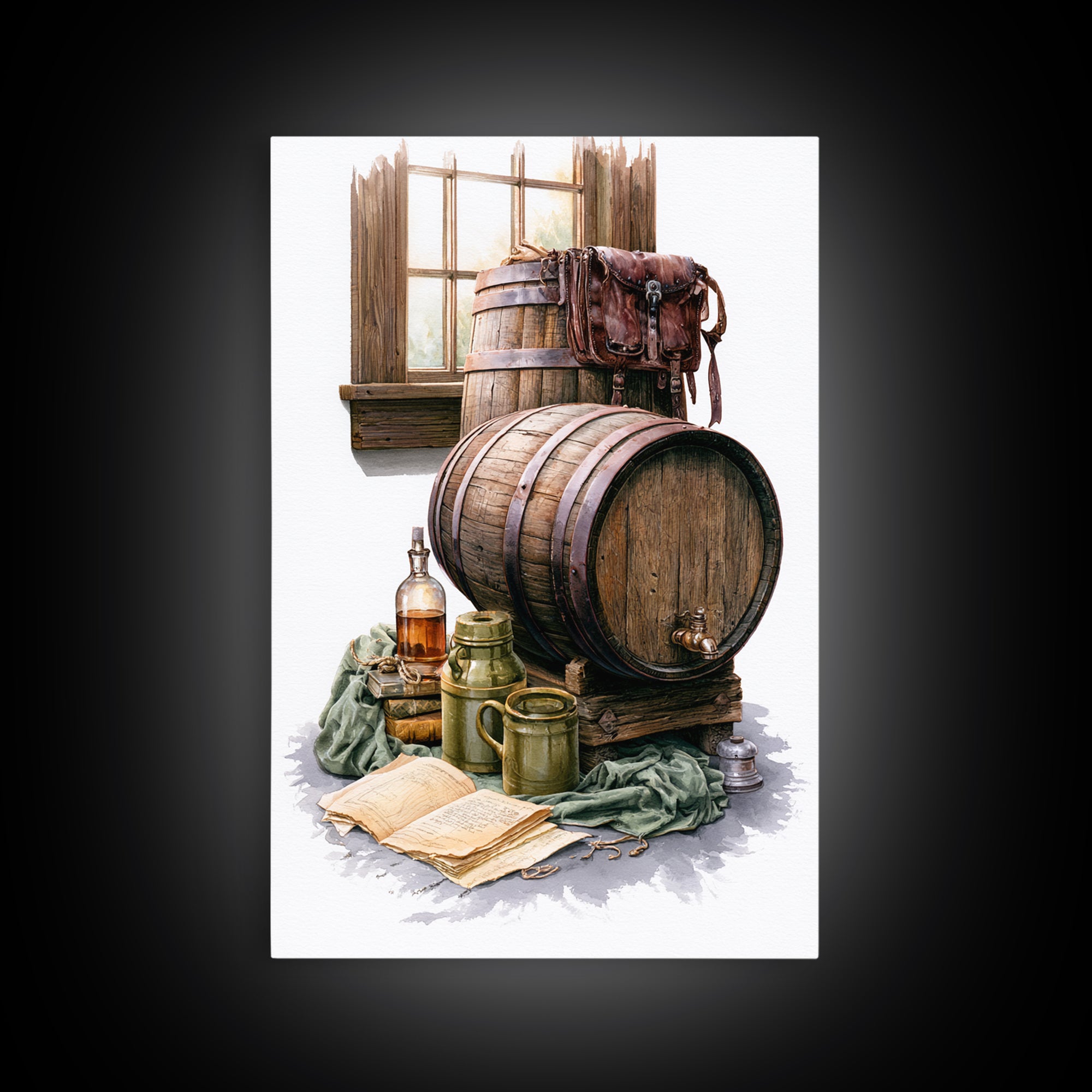 Whiskey Barrel and Leather Still Life Framed Canvas Print, Rustic Art, Room Decor, Farmhouse Decor, Oil Painting, Rustic, RUS-2x3-51