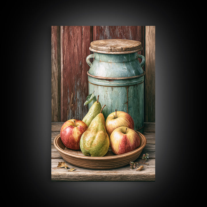 Rustic Pear and Apple Still Life Framed Canvas Print, Rustic Art, Printable Wall Art, Farmhouse Decor, Oil Painting, Rustic, RUS-2x3-53