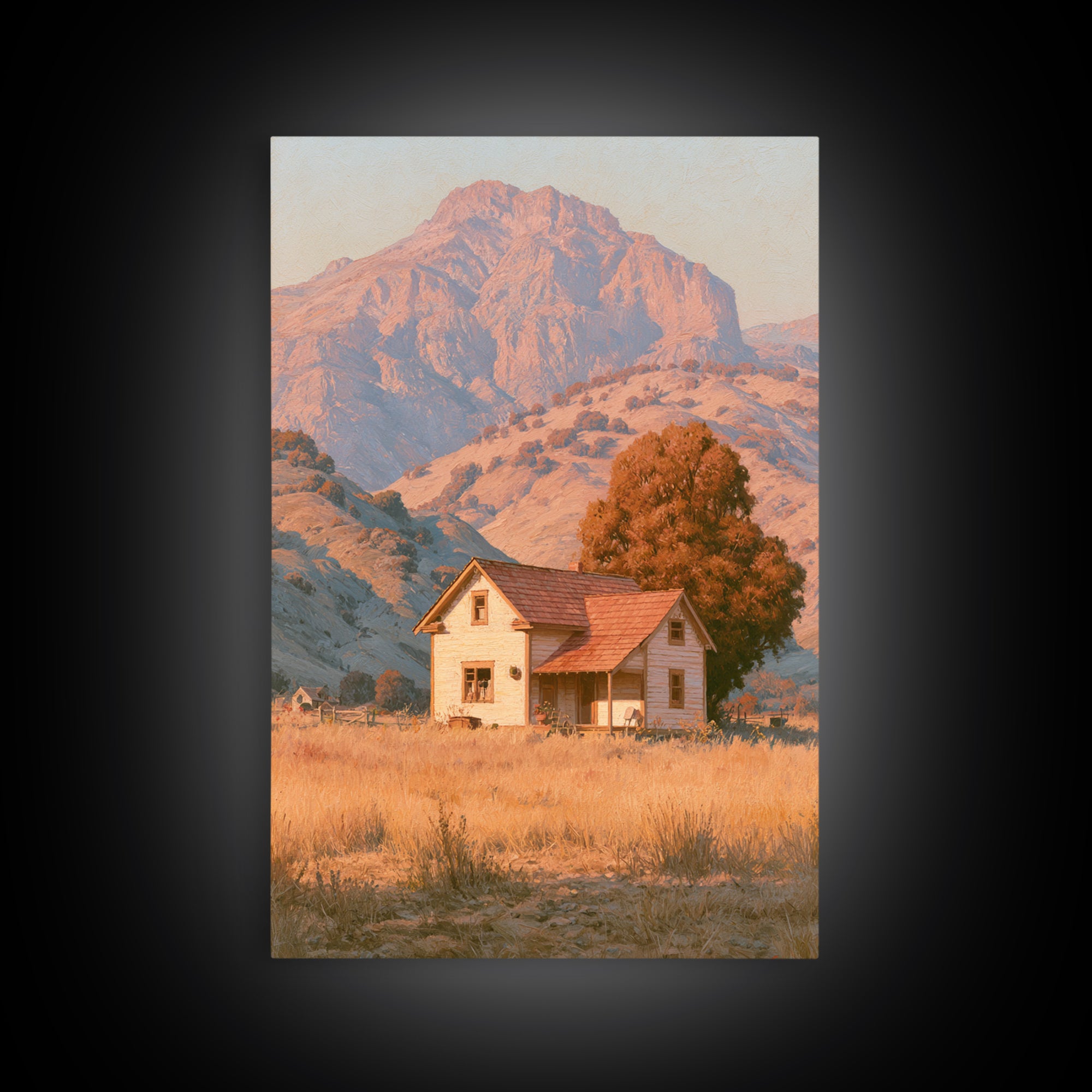 Mountain Cabin Landscape Framed Canvas Print, Rustic Art, Painting, Farmhouse Decor, Fine Art, Rustic, Boho Wall Art, RUS-2x3-59