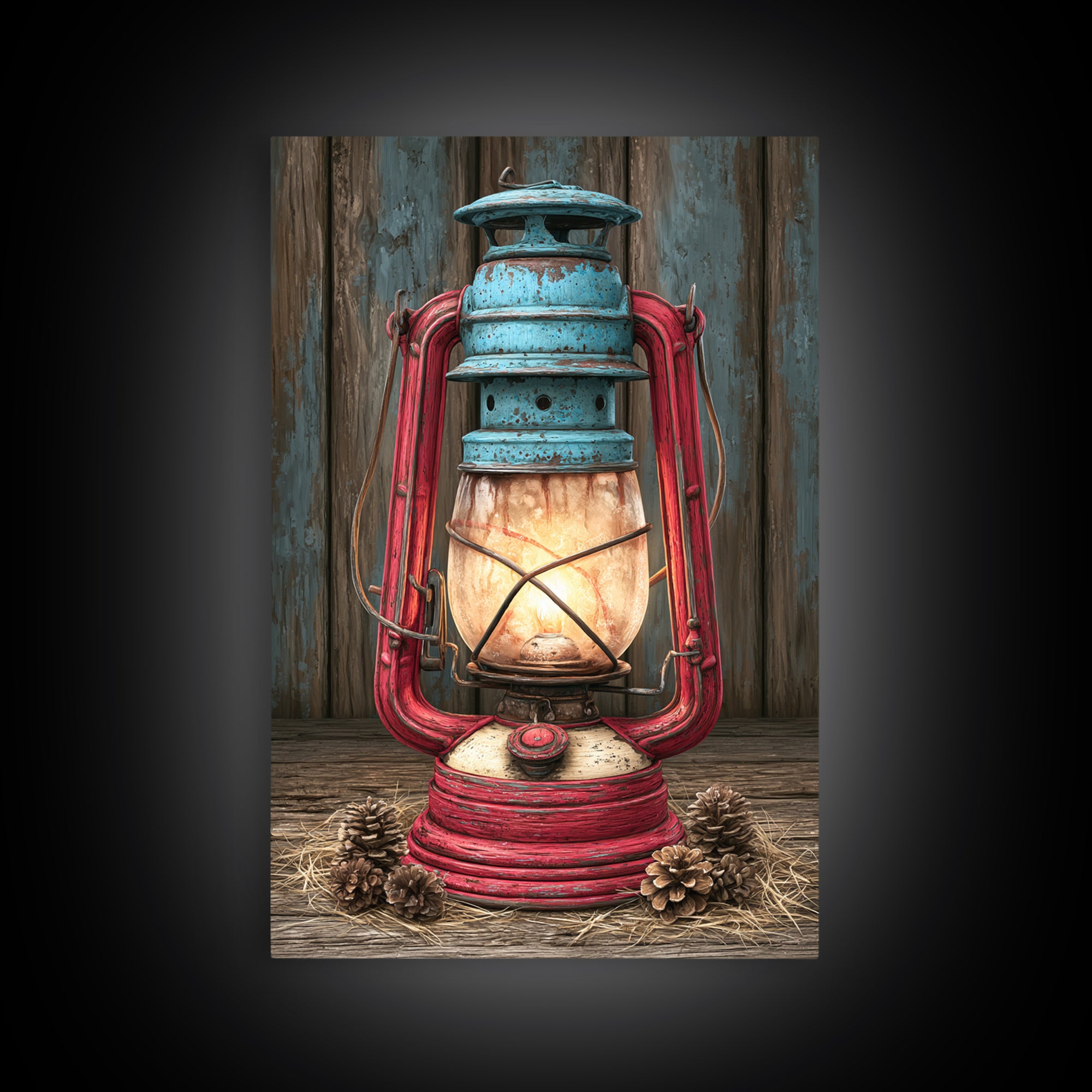 Rustic Lantern Glowing Beside Pinecones Framed Canvas Print, Rustic Art, Wall Art, Farmhouse Decor, Fine Art, Rustic, RUS-2x3-60