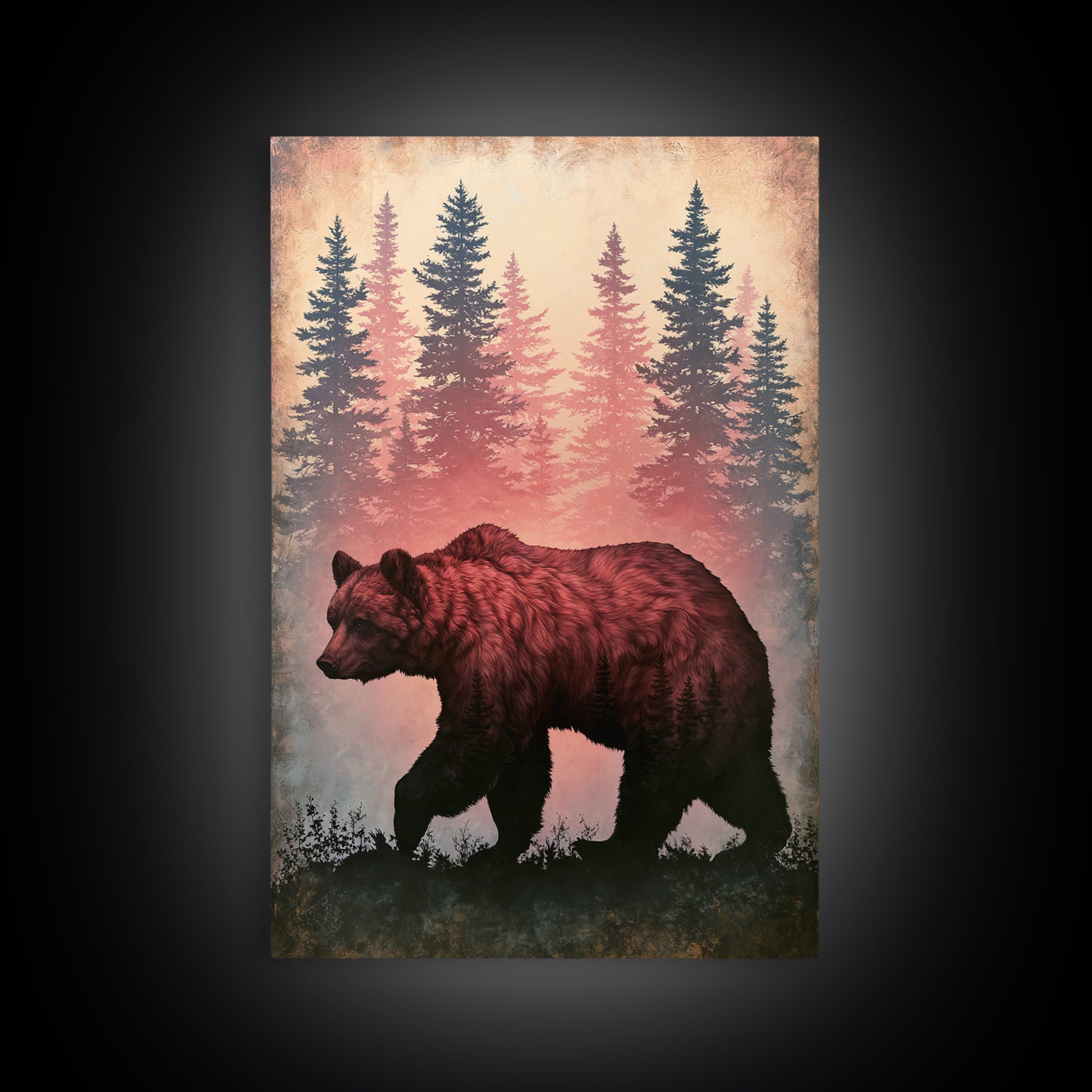 Bear Silhouette Among Pine Trees Framed Canvas Print, Rustic Art, Digital Prints, Farmhouse Decor, Watercolor Art, Rustic, RUS-2x3-63