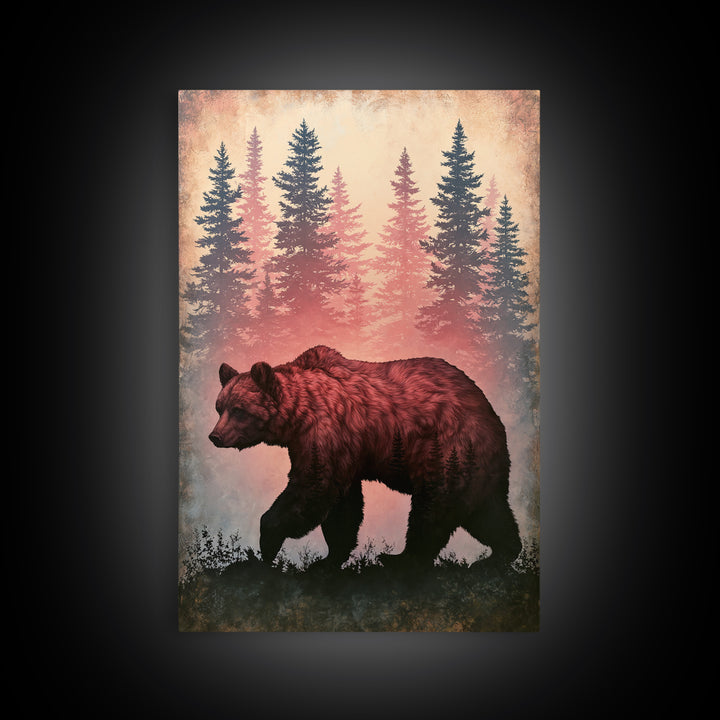 Bear Silhouette Among Pine Trees Framed Canvas Print, Rustic Art, Digital Prints, Farmhouse Decor, Watercolor Art, Rustic, RUS-2x3-63