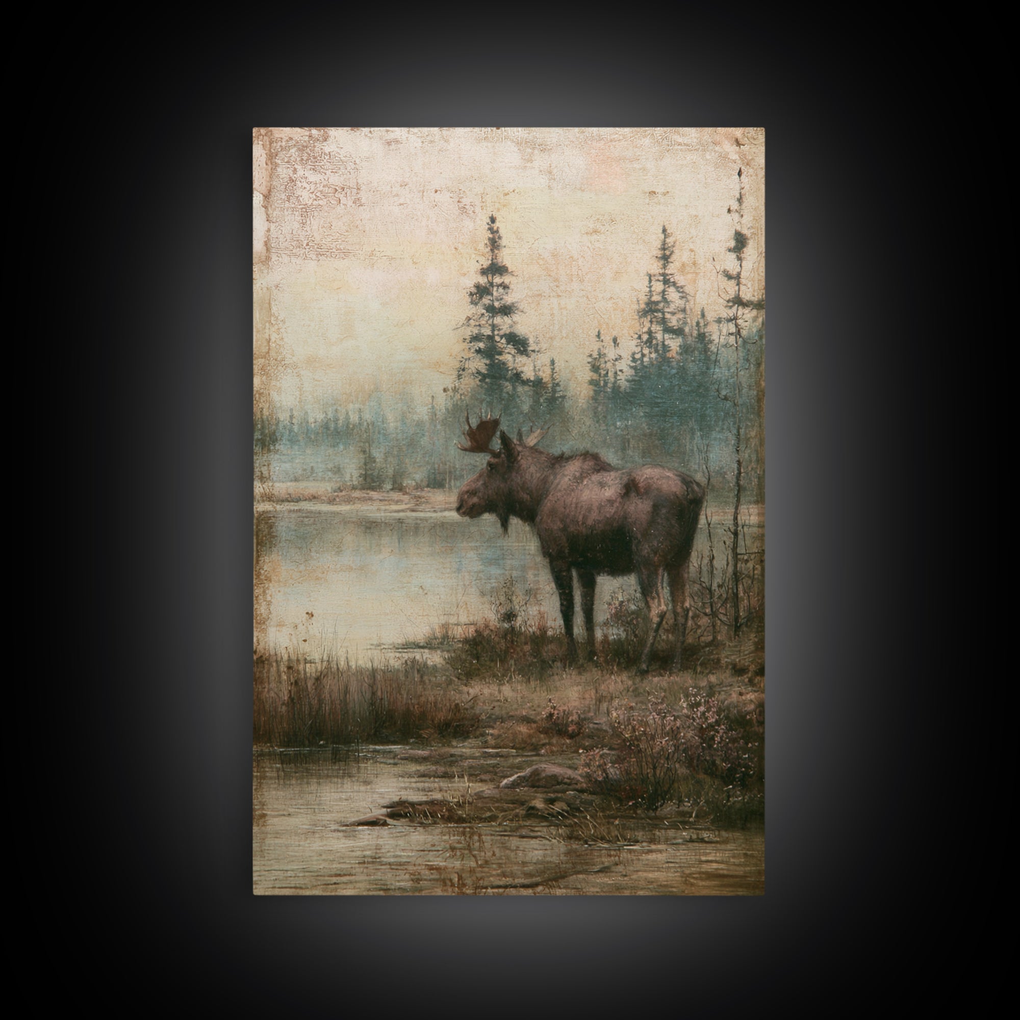 Moose Standing by a Quiet Lake Canvas Print, Rustic Art, Wood Wall Art, Farmhouse Decor, Oil Painting, Rustic, RUS-2x3-65