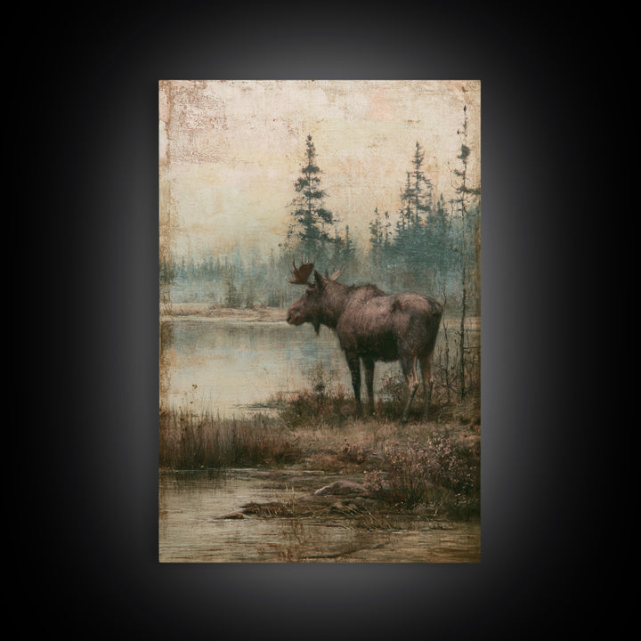 Moose Standing by a Quiet Lake Canvas Print, Rustic Art, Wood Wall Art, Farmhouse Decor, Oil Painting, Rustic, RUS-2x3-65