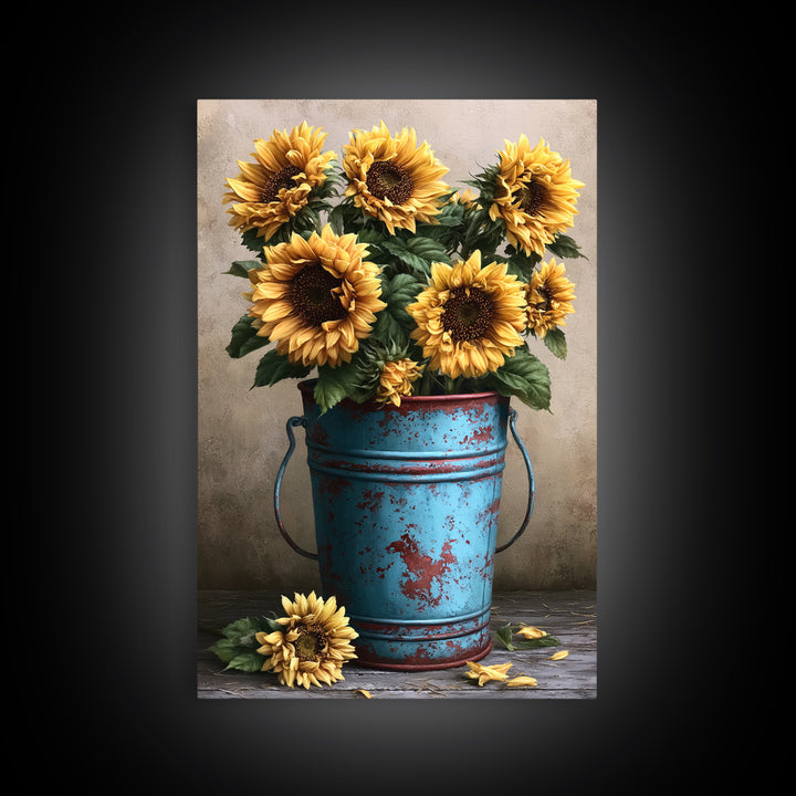Sunflowers in a Metal Bucket Framed Canvas Print, Rustic Art, Oil Painting, Farmhouse Decor, Rustic, Modern Art, RUS-2x3-68