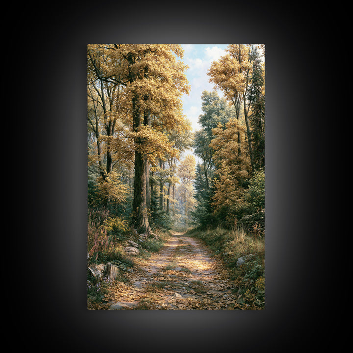 Forest Path with Golden Autumn Leaves Framed Canvas Print, Rustic Art, Painting, Farmhouse Decor, Rustic, Boho Wall Art, RUS-2x3-74