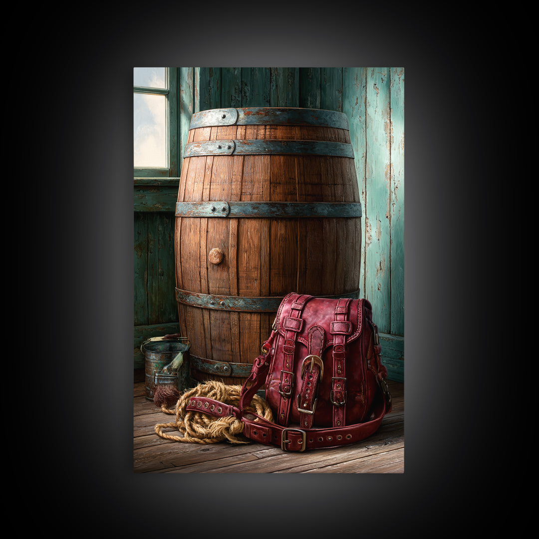 Whiskey Barrel and Leather Still Life Framed Canvas Print, Rustic Art, Printable Wall Art, Farmhouse Decor, Fine Art, Rustic, RUS-2x3-75