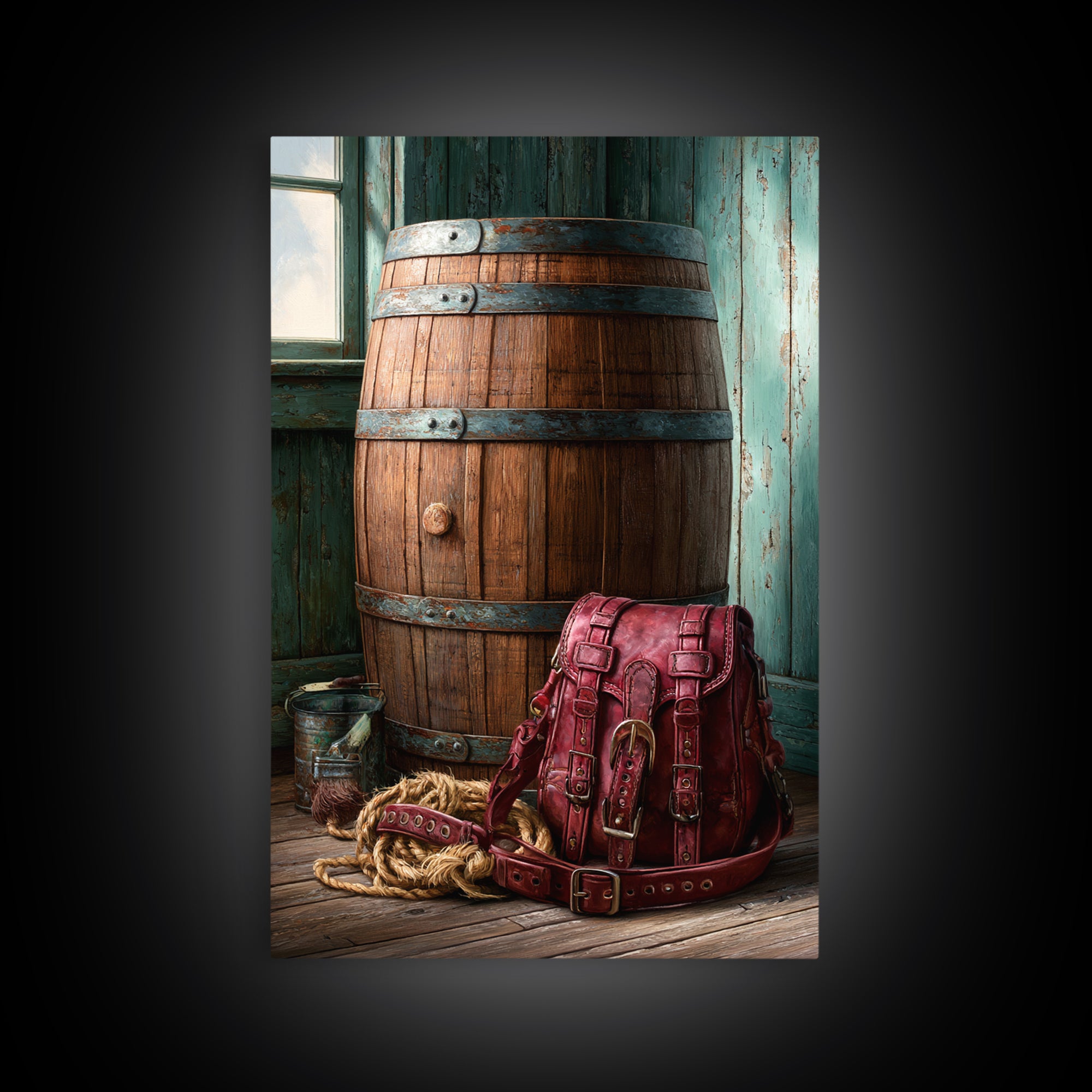 Whiskey Barrel and Leather Still Life Framed Canvas Print, Rustic Art, Printable Wall Art, Farmhouse Decor, Fine Art, Rustic, RUS-2x3-75