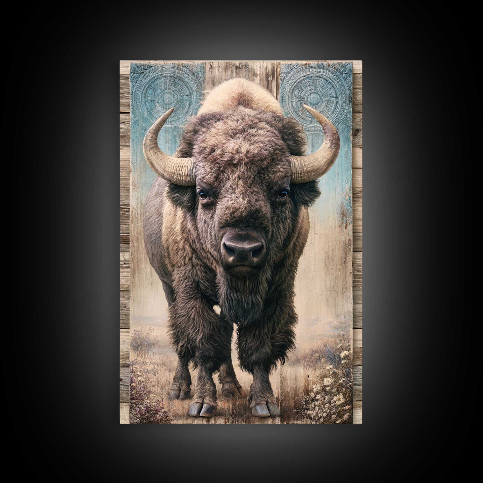 Buffalo Portrait with Western Texture Framed Canvas Print, Rustic Art, Digital Prints, Farmhouse Decor, Oil Painting, Rustic, RUS-2x3-78